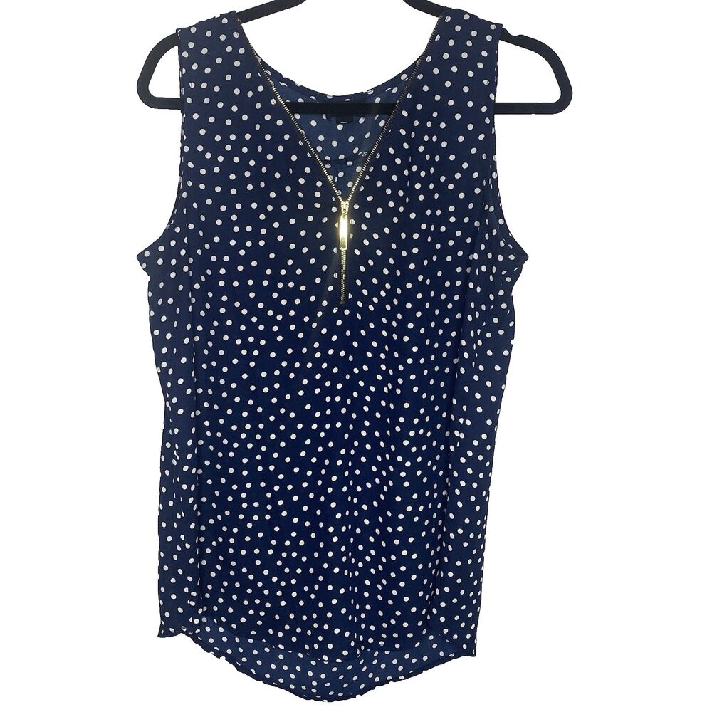 Tacera Polka Dot Sleeveless Blouse Gold-Toned Zippered V-Neck Womens M Blue